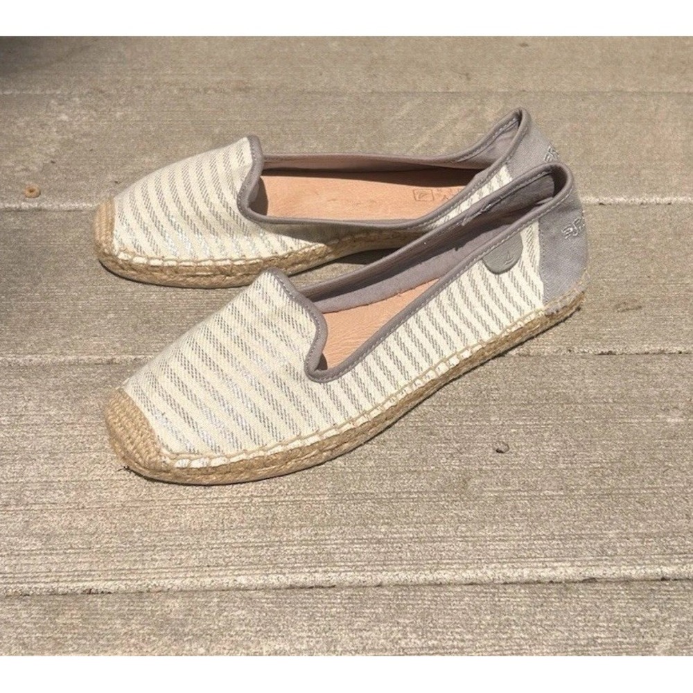 New Sperry Top-Sider Wmns 8.5 Coco Grey Silver Striped Espadrille Flats Nautical